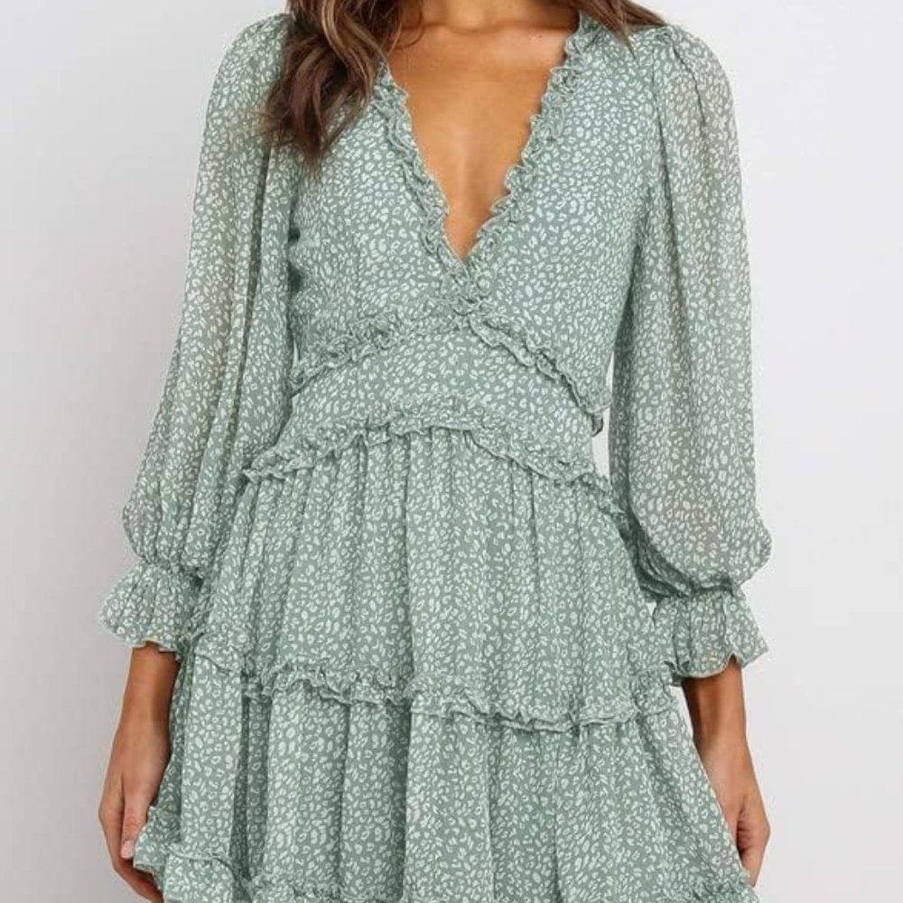 Spring Summer Deep V Neck Ruffle Floral Flowy Mini - Picture 3 of 5